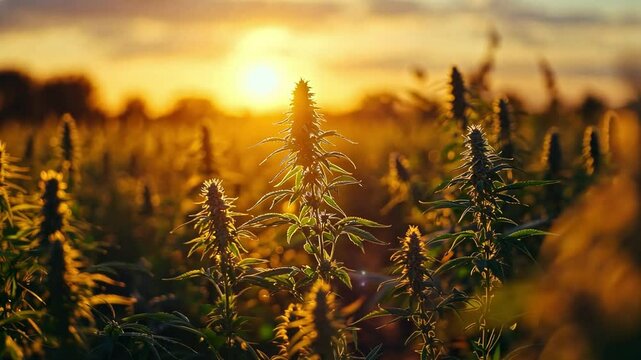 A serene field of blooming hemp plants is illuminated by the warm glow of a sunset, highlighting the beauty of nature in late summer.