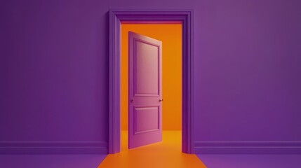 Open door revealing an orange interior, against a vibrant purple wall.  A bold, vibrant, and colorful illustration of a passageway.