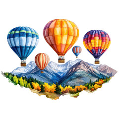 Obraz premium Colorful Hot Air Balloons Over Scenic Mountain Landscape in Vibrant Watercolor Style