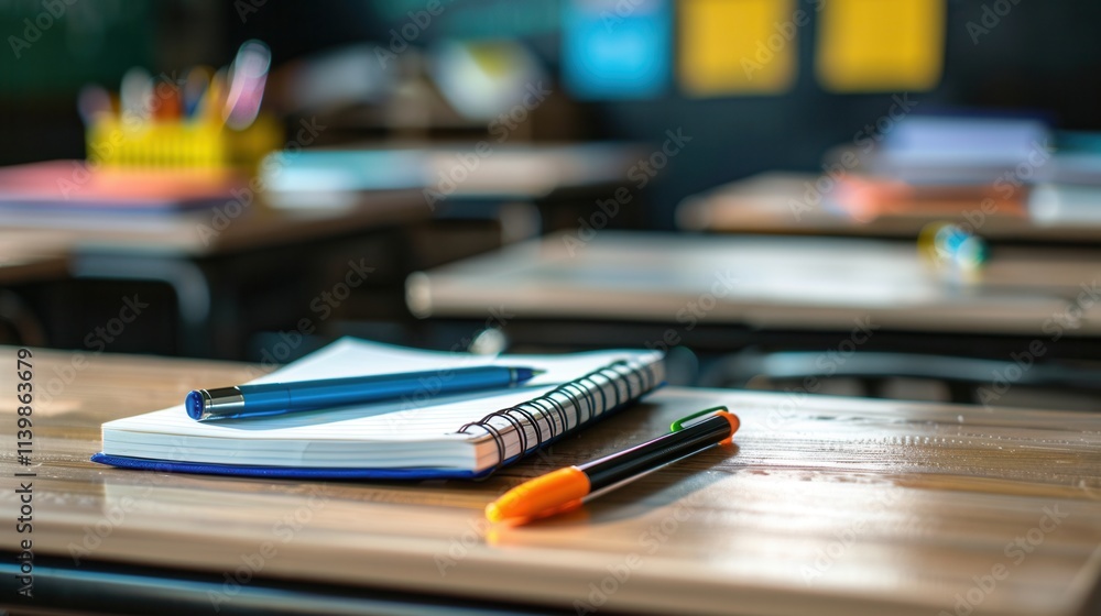 Aufkleber Notebook and pen resting on a desk in a modern classroom filled with bright orange chairs during a sunny day. Generative AI