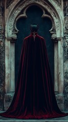 Naklejka premium 132. A vampire in a velvet cape, elegantly posed against a gothic backdrop