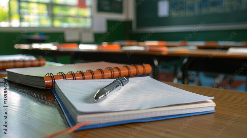 Fototapete notebook and pen resting on a desk in a modern classroom filled with bright orange chairs during a s