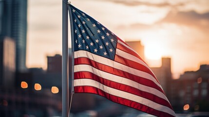Naklejka premium photograph of American flag pole The city is blurred in the background.