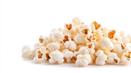 High-quality food photography showcasing a large pile of freshly popped popcorn with vibrant texture and warm tones. Each kernel is crisp and detailed, piled naturally on a clean, white background