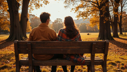 Cozy Autumn Scene of a Couple Wrapped in Blankets, Sitting on a Weathered Wooden Bench in a Tranquil Park. Golden Leaves Fall Around Them, Framing Their Tender Moment with Warmth and Serenity.