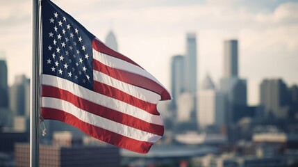 Naklejka premium photograph of American flag pole The city is blurred in the background.