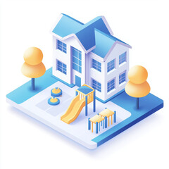 minimal isometric icon showcasing school with playground equipment