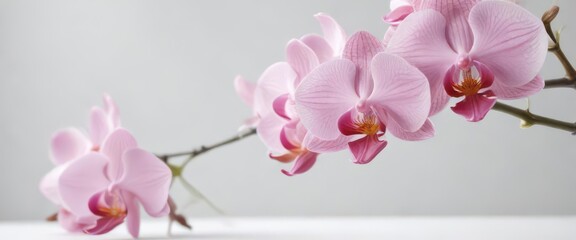 Fototapeta premium Delicate pink orchid blossoms isolated on pure white , spring, petals