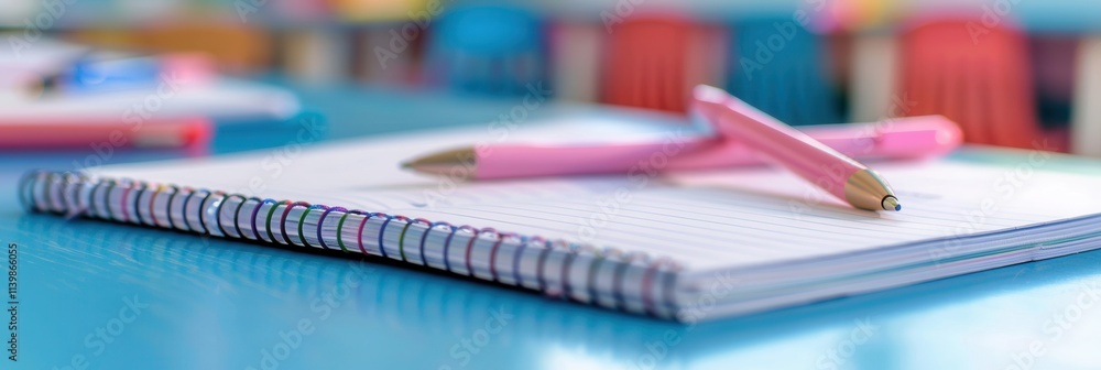 Aufkleber brightly colored classroom with a notebook and pink pens waiting for creative writing and learning a