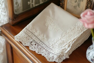 Ornate lace fabric on wooden surface.