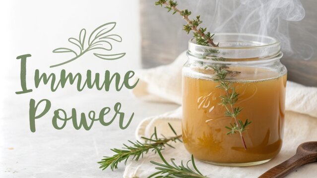 A delicate glass jar filled with warm bone broth adorned with a sprig of rosemary at the rim. The steam escapes in soft wisps framing Immune Power in a graceful font that