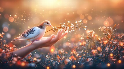 Delicate Bird on Hand Surrounded by Blossoms and Soft Light