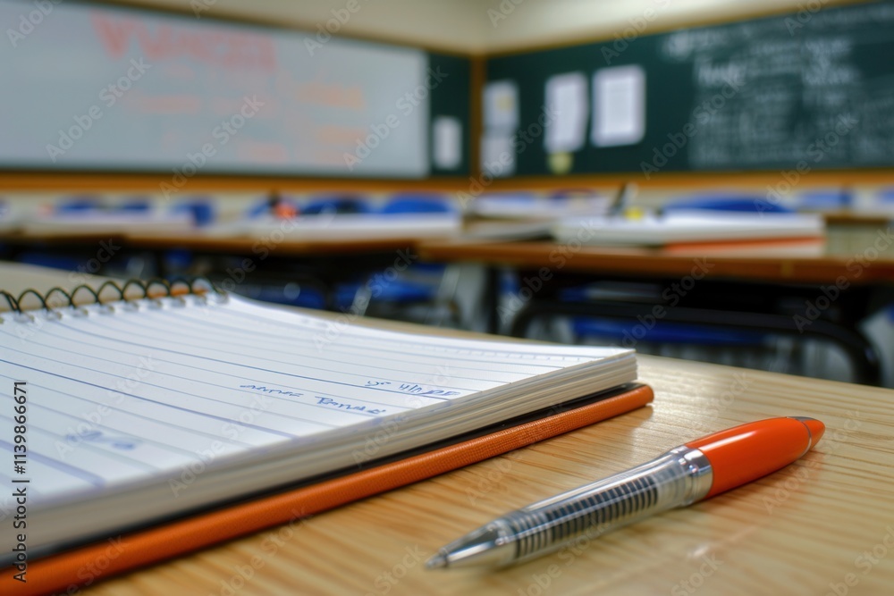 Poster classroom setting with empty desks and open notebooks during a study session in a bright learning en
