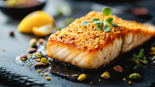Pistachio-crusted fish on black plate gourmet food menu elegant culinary photography delicious meal