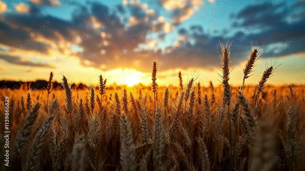 Poster A beautiful wheat field glows golden under a spectacular sunset, with clouds adding depth to the sky and casting gentle shadows on the crops.