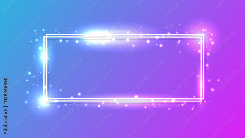 Poster neon double rectangular frame with shining effects and sparkles
