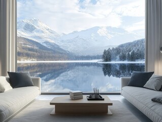 Modern Living Room Overlooking Snowy Mountain Lake