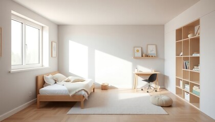 Minimalist Style - Children's Room Interior Design With Minimalist Concept - Hotel Room - Apartment Room Interior With Bed - Interior Design