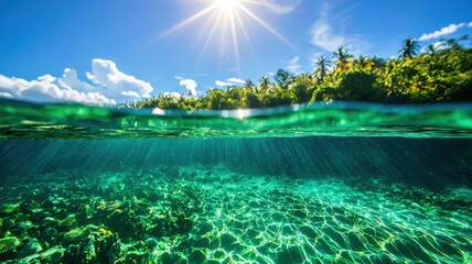Obraz premium Atlantic weather ecosystem concept, A vibrant underwater scene showcasing clear turquoise water, coral formations, and sunlight filtering through, with lush greenery in the background.