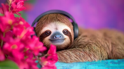 Happy Sloth Listening to Music with Headphones  Pink Flowers  Purple Background