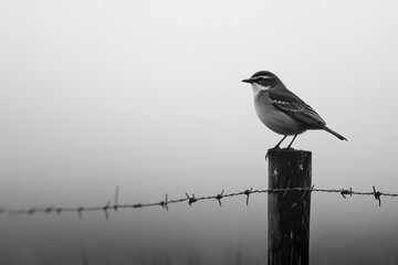 Small bird perched on a wooden fence post amidst foggy and moody rural landscape