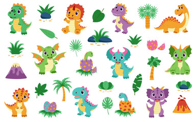 Dinosaurs set. Characters of dinosaurs for kids. Collection of cute dinosaurs and tropical plants.