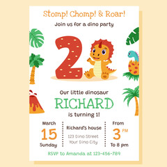 Dinosaur invitation. Birthday party invitation card with dinosaur and birthday anniversary number.