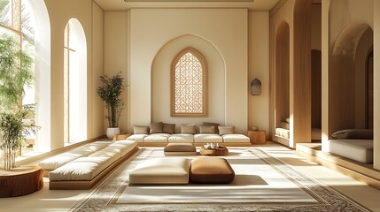 Ramadan-themed modern living room, cream-colored walls with natural wood furniture and subtle Islamic art 