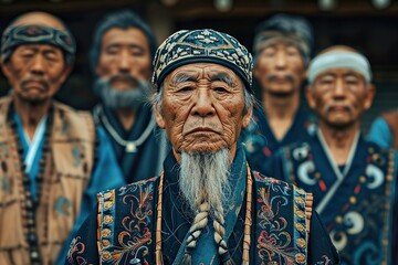 Group of Ainu elders in traditional dress