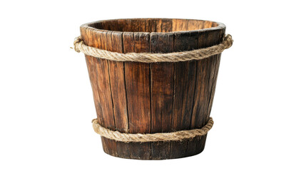 Fototapeta premium Rustic Wooden Bucket with Twine Handles, Vintage Farmhouse Decor, Perfect for Garden Plants, Home Organization, or Unique Decorative Display Ideas