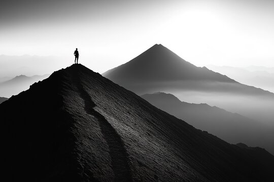 Silhouetted person standing on mountain ridge with misty peaks