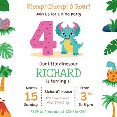 Dinosaur invitation. Birthday party invitation card with dinosaur and birthday anniversary number.