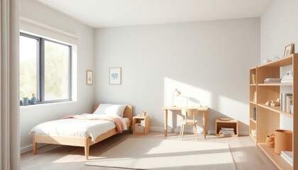 Minimalist Style - Children's Room Interior Design With Minimalist Concept - Hotel Room - Apartment Room Interior With Bed - Interior Design