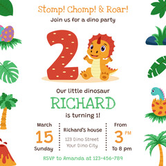 Dinosaur invitation. Birthday party invitation card with dinosaur and birthday anniversary number.