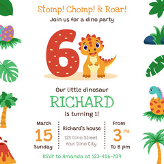 Dinosaur invitation. Birthday party invitation card with dinosaur and birthday anniversary number.