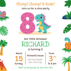 Dinosaur invitation. Birthday party invitation card with dinosaur and birthday anniversary number.