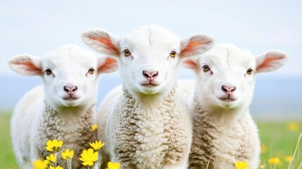 Fototapeta premium Adorable Spring Lambs in Yellow Flower Meadow