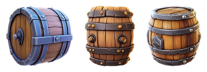 Collection of stylized wooden barrels with metal accents