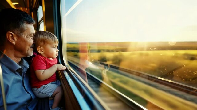 A child gazing out of a train window while the scenery blurs outside. Perfect for travel, wonder, childhood emotions, and curiosity.