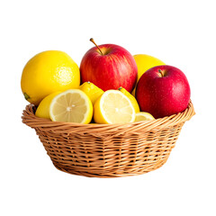 A wicker basket full of fresh fruits apples and lemons on a transparent background.