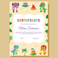 Dinosaur diploma, certificate. Template with dinosaurs and tropical plants.