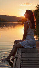 Woman Sitting on a Wooden Dock at Sunset, Wearing a White Summer Dress. A Serene and Dreamy Scene Capturing the Tranquility of a Warm Evening by the Water.