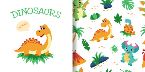 Obraz premium Dinosaur seamless pattern. Pattern with dinosaurs and tropical plants.