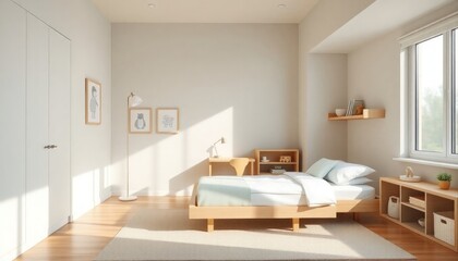 Minimalist Style - Children's Room Interior Design With Minimalist Concept - Hotel Room - Apartment Room Interior With Bed - Interior Design