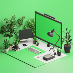 modern home office setup with plants, computer, and green background