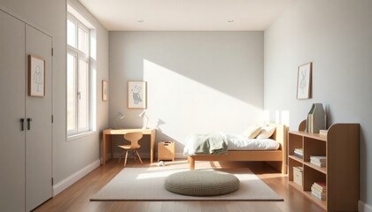 Fototapeta premium Minimalist Style - Children's Room Interior Design With Minimalist Concept - Hotel Room - Apartment Room Interior With Bed - Interior Design