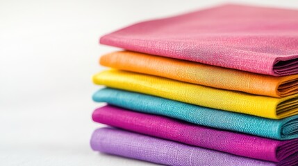 Stack of colorful fabric samples on white backdrop