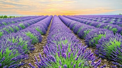 Obraz premium A peaceful lavender field stretching toward the horizon under a warm sunset sky. Rows of blooming lavender create a mesmerizing pattern, symbolizing tranquility, nature's beauty, and relaxation. 