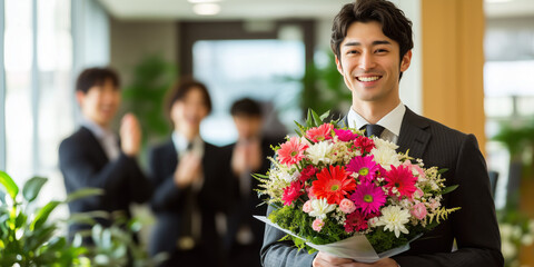 Japanese executive holding work anniversary bouquet, smiling joyfully