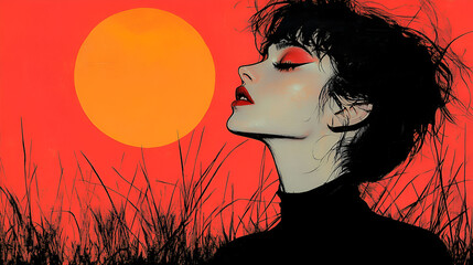 Woman Silhouette Sunset Orange Background Grass